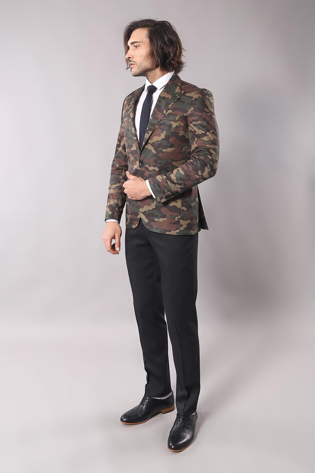 Single Button Camouflage Green Jacket-Wessi