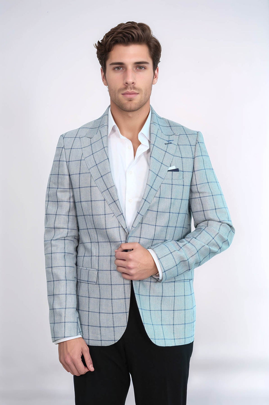 Single Button Pointed Collar Light Blue Blazer - Wessi