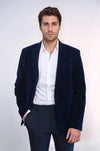 Wide Peak Lapel Velvet Navy Blue Blazer - Wessi