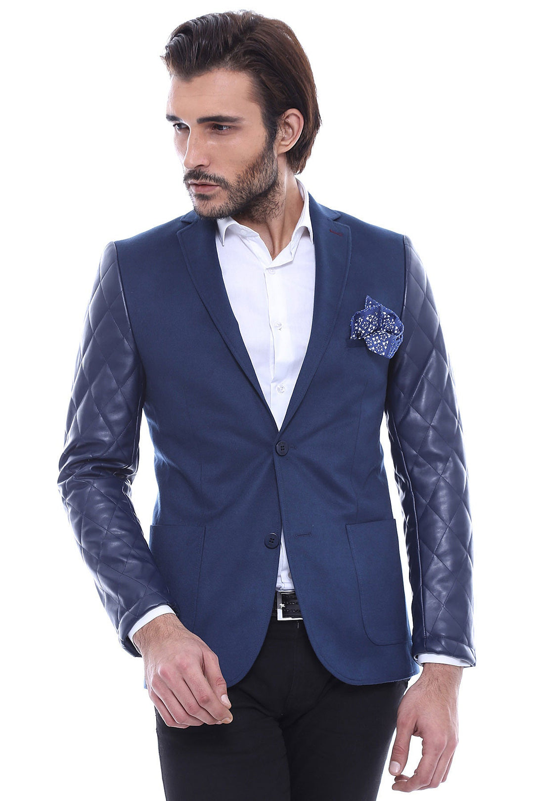 Chaqueta acolchada de terciopelo azul bast con mangas de piel - Wessi