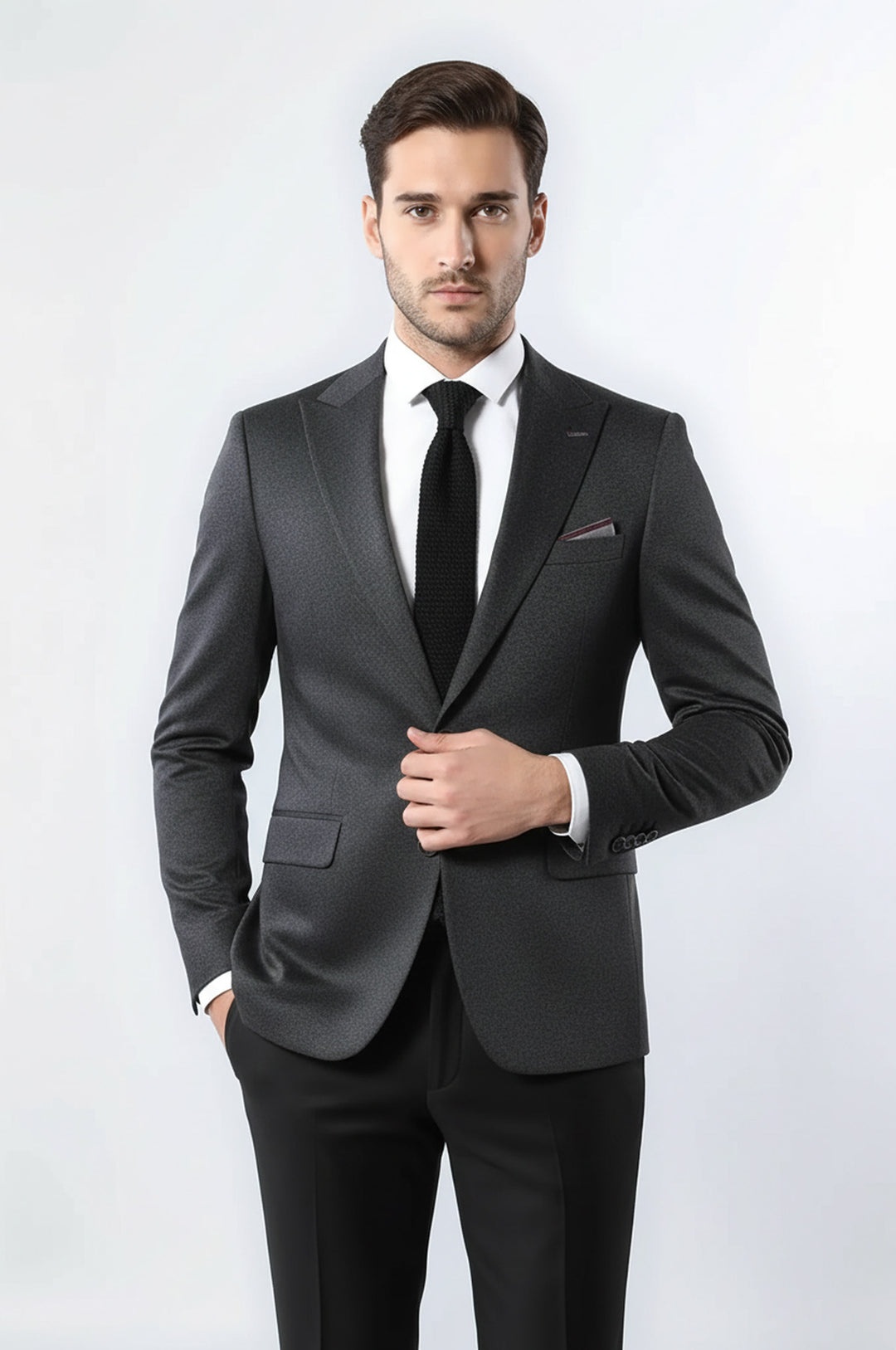 Single Button Double Vent Pointed Collar Navy Blue Blazer - Wessi