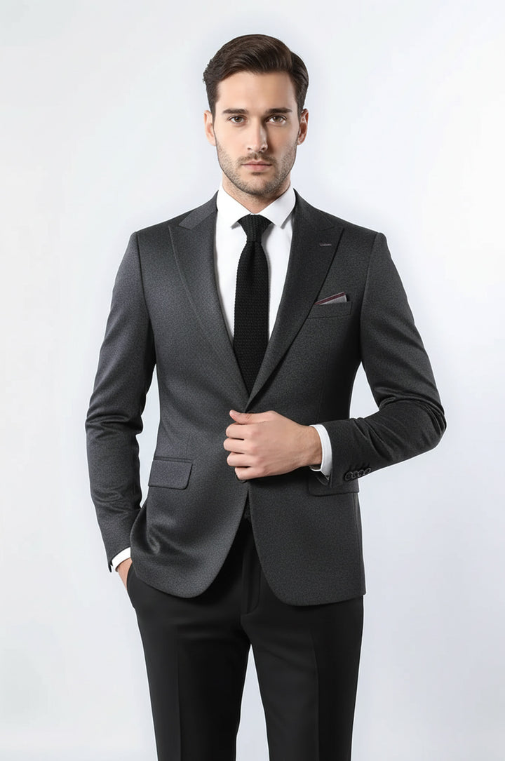 Single Button Double Vent Pointed Collar Navy Blue Blazer - Wessi