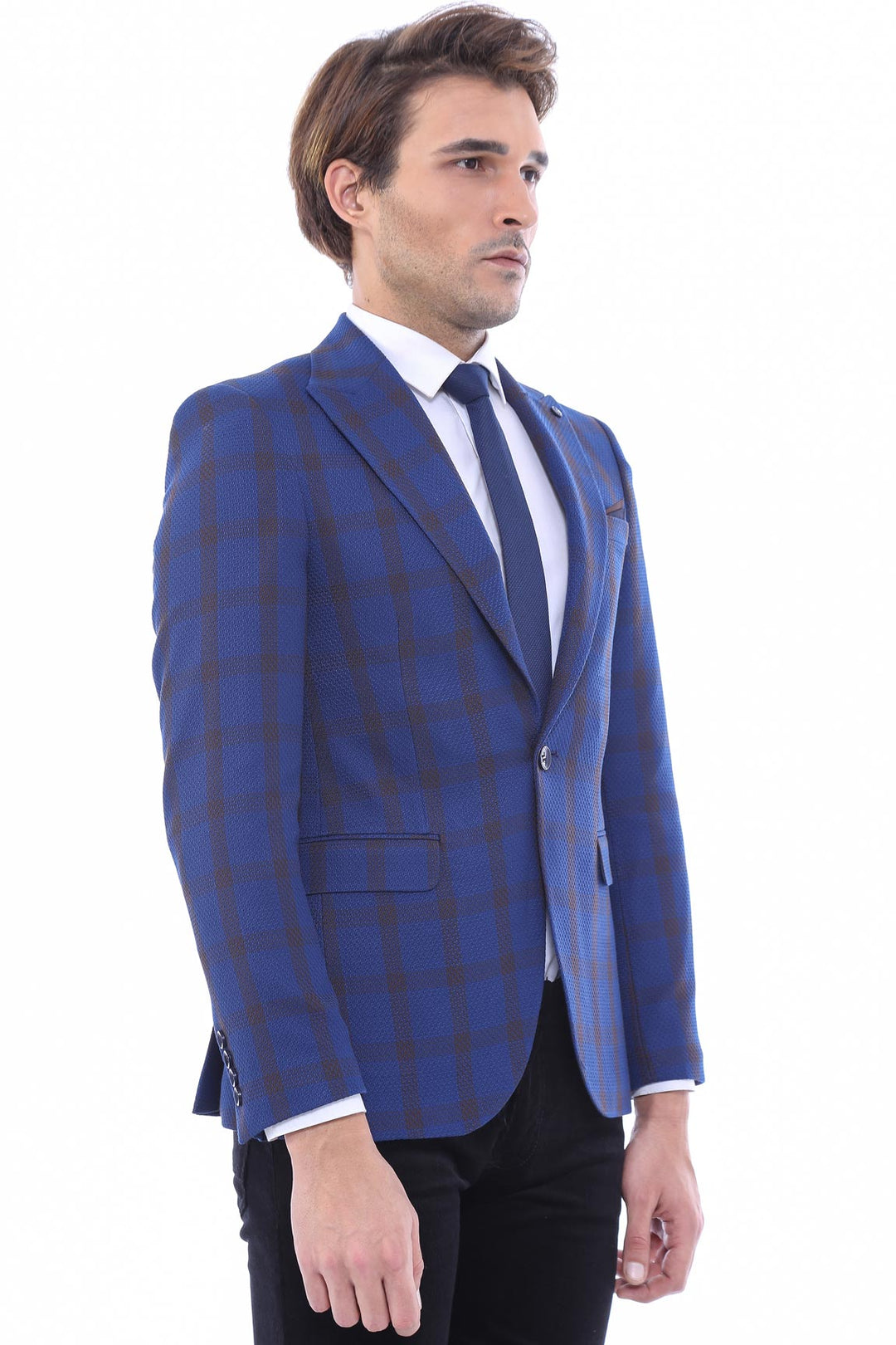 Double Breasted Pointed Collar Plaid Bast Blue Jacket-Wessi