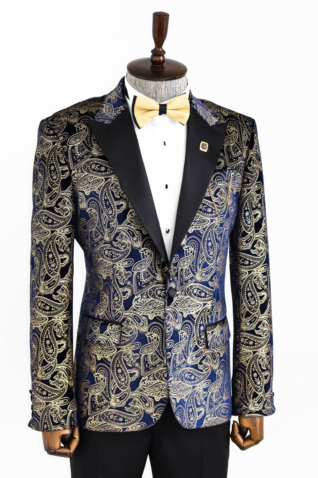 Blazer de fiesta para hombre con estampado dorado y azul marino - Wessi