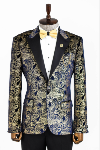 Gold Blue Patterned Over Navy Blue Men Prom Blazer - Wessi