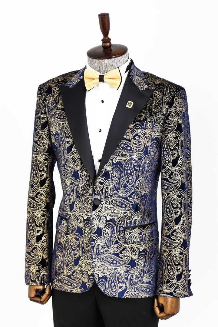 Blazer de fiesta para hombre con estampado dorado y azul marino - Wessi