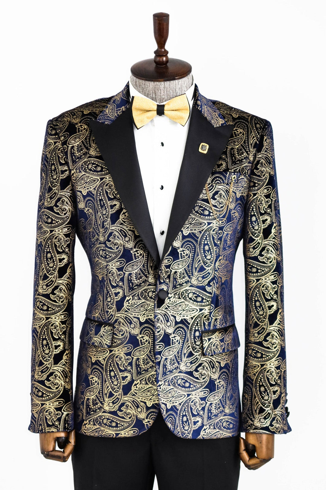 Blazer de fiesta para hombre con estampado dorado y azul marino - Wessi