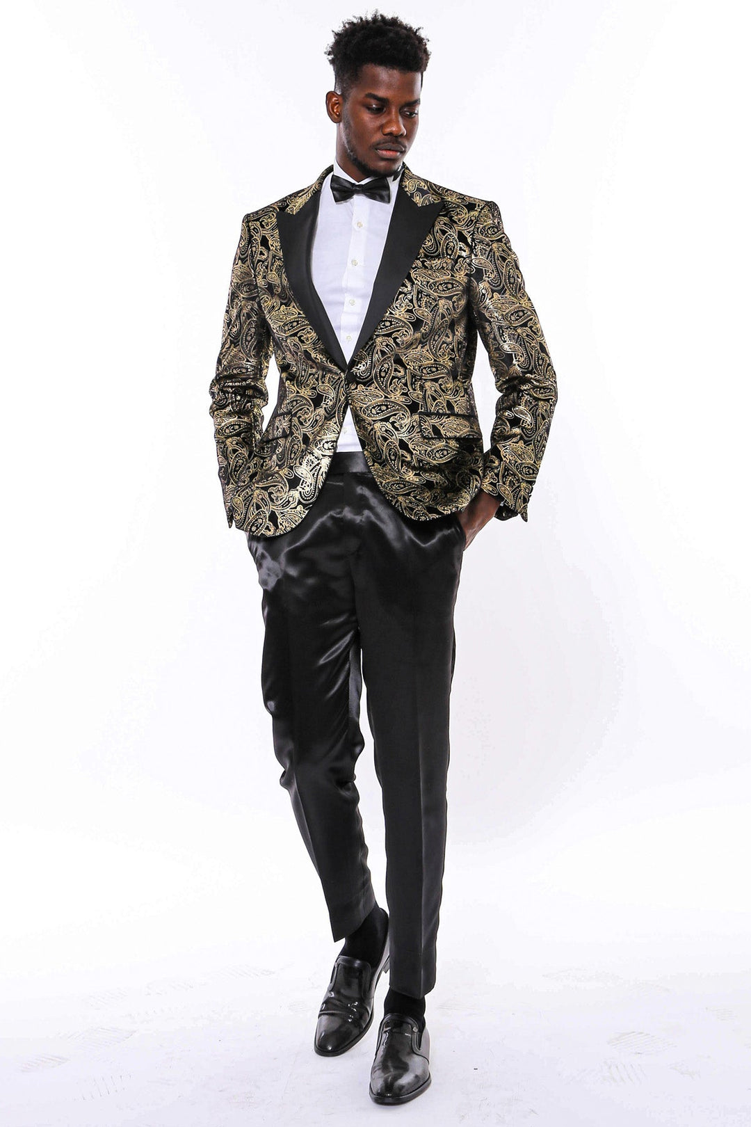 Slim Fit Gold Paisley Patterned Black Men Tuxedo Blazer