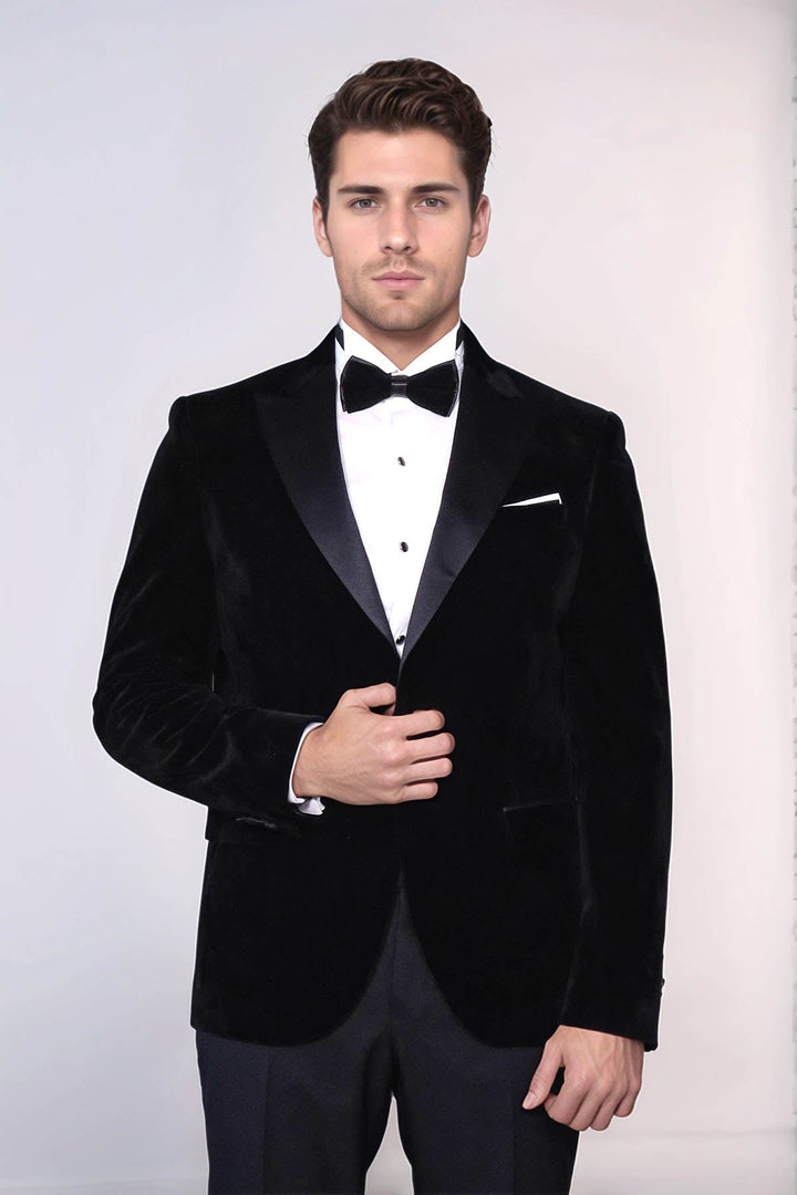 Peak Lapel Velvet Black Men Prom Blazer - Wessi