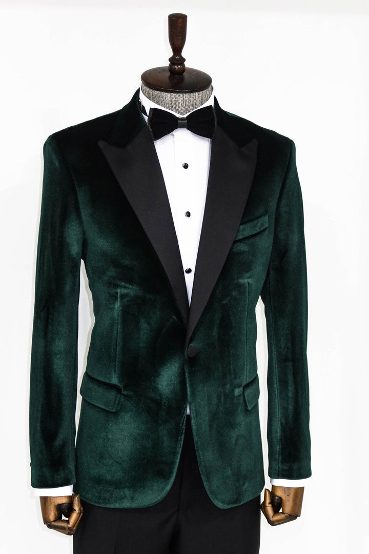 Blazer de fiesta para hombre de terciopelo verde oscuro con solapa en pico y corte entallado