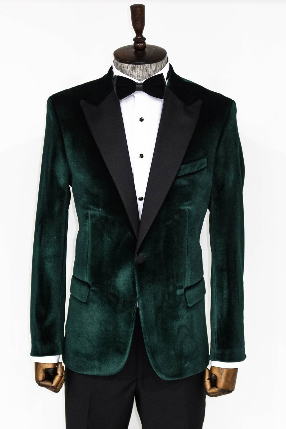 Blazer de fiesta para hombre de terciopelo verde oscuro con solapa en pico y corte entallado