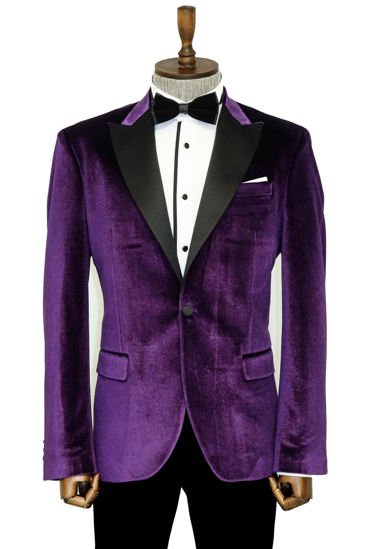 Blazer de terciopelo de corte entallado con un solo botón para hombre, color morado