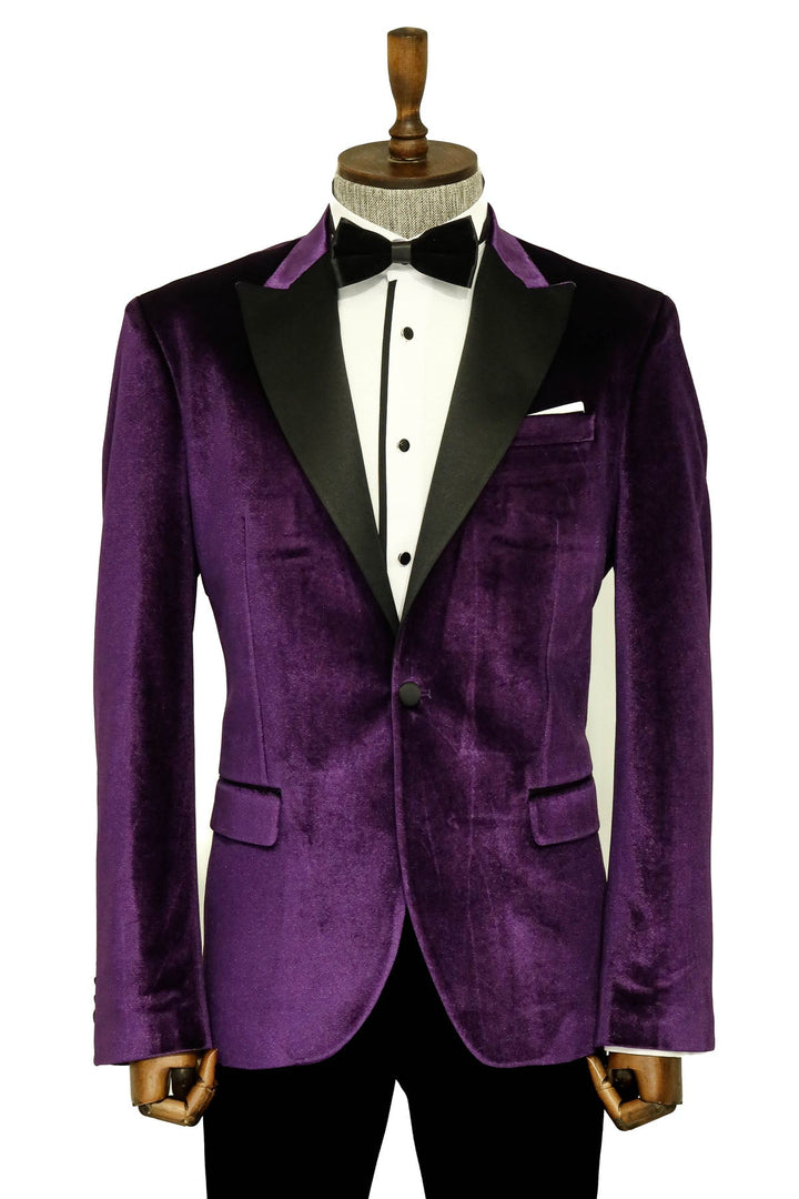 Blazer de terciopelo de corte entallado con un solo botón para hombre, color morado