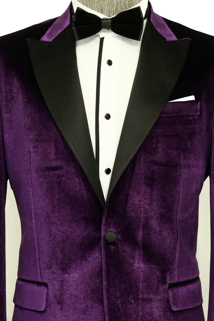 Blazer de terciopelo de corte entallado con un solo botón para hombre, color morado