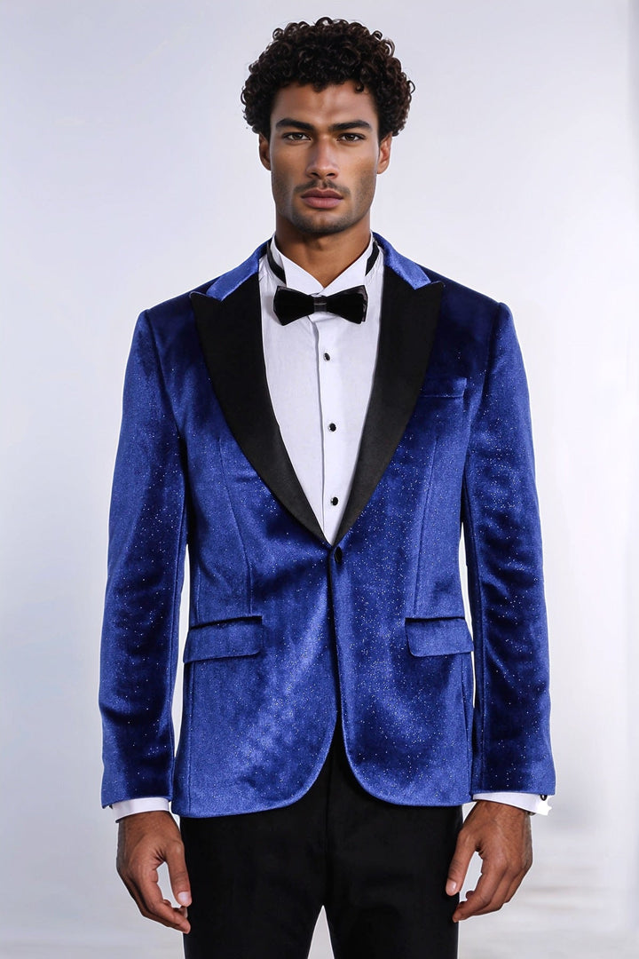 Sparkle Slim Fit Velvet Bast Blue Men Prom Blazer - Wessi