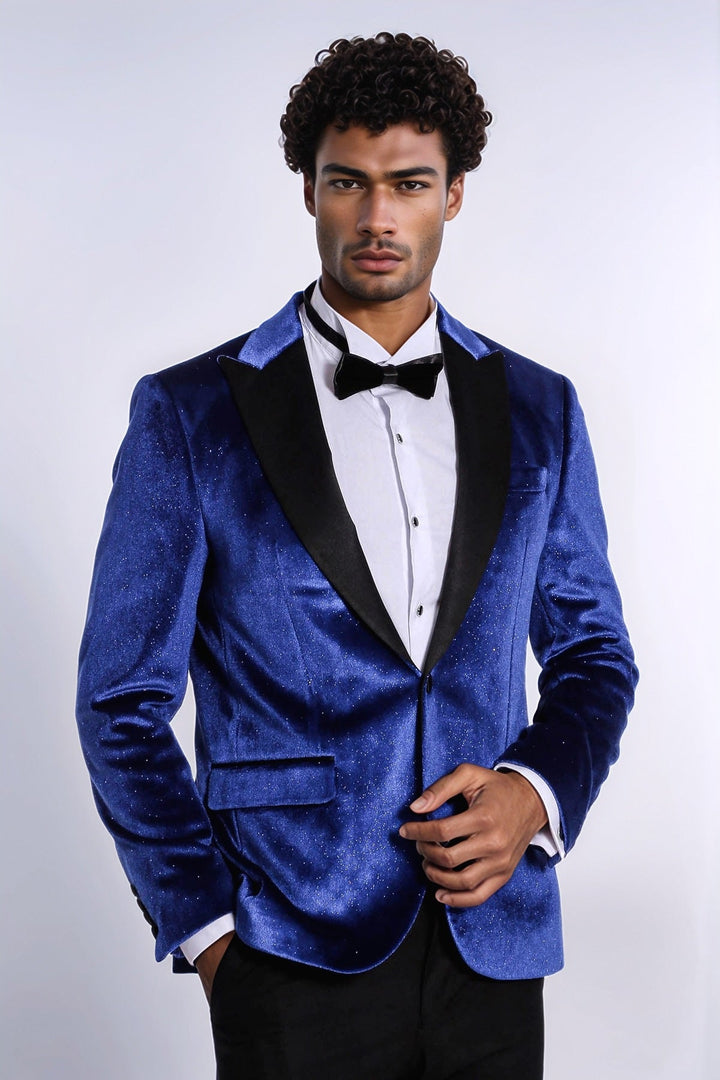 Sparkle Slim Fit Velvet Bast Blue Men Prom Blazer - Wessi