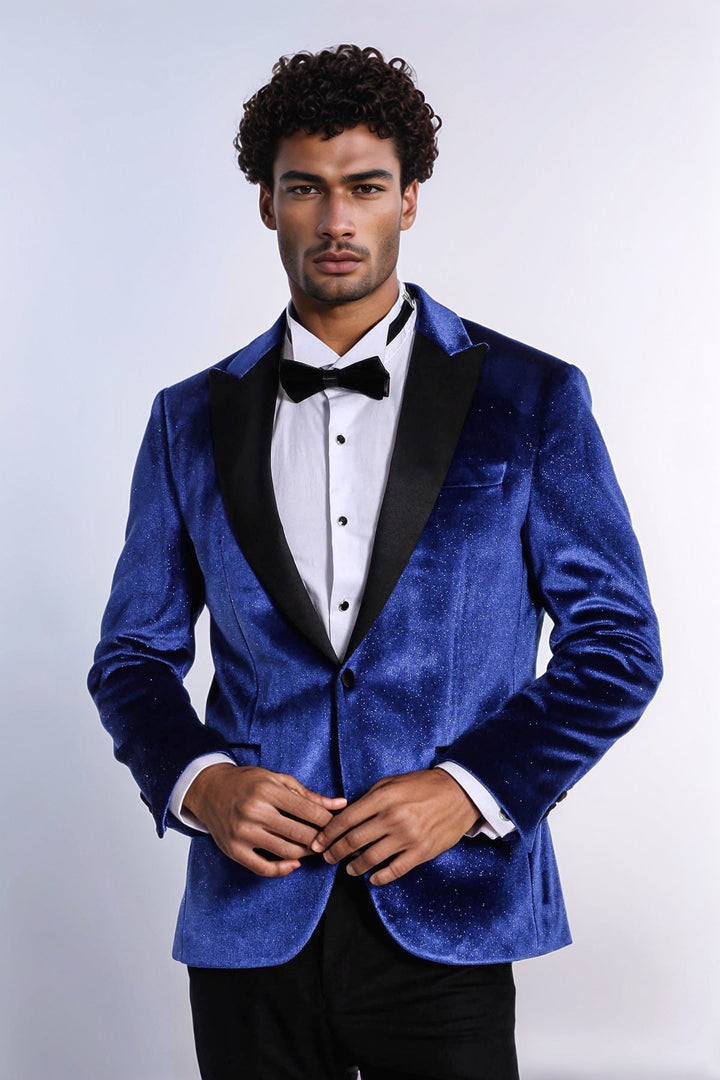Sparkle Slim Fit Velvet Bast Blue Men Prom Blazer - Wessi
