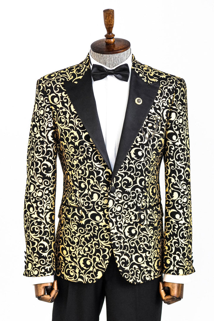 Blazer de fiesta para hombre con estampado dorado sobre negro - Wessi