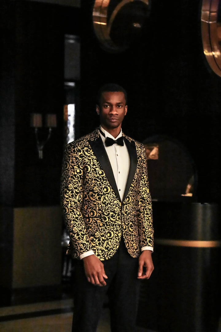 Blazer de fiesta para hombre con estampado dorado sobre negro - Wessi