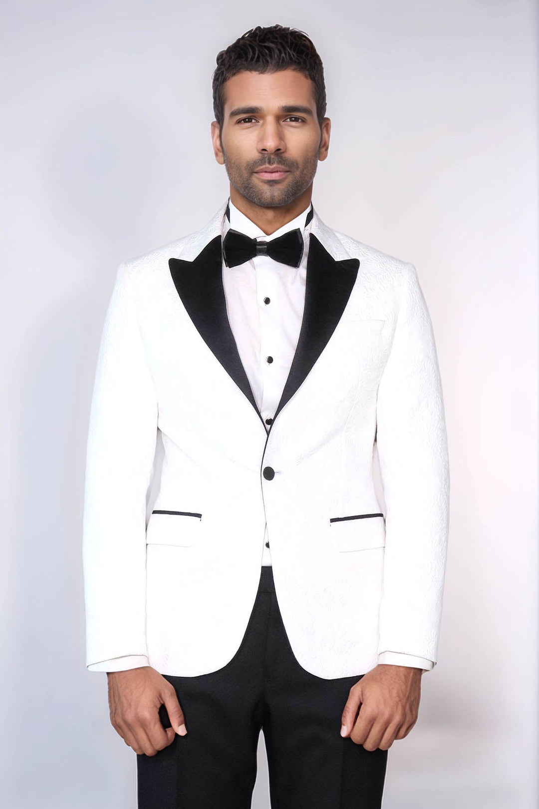 Black Peak Lapel Textured Fabric Men's Royal White Tuxedo Jacket - Wessi