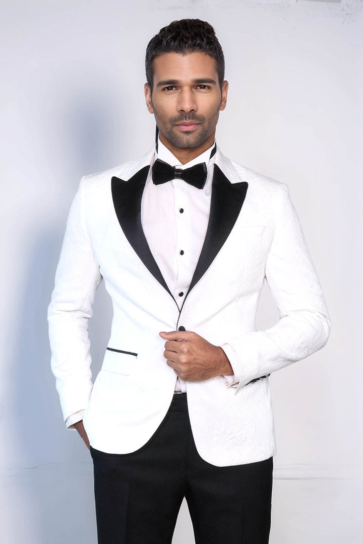 Black Peak Lapel Textured Fabric Men's Royal White Tuxedo Jacket - Wessi