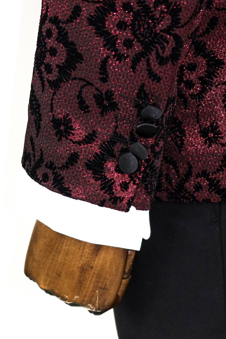 Floral Patterned Peak Lapel Burgundy Men Prom Blazer - Wessi