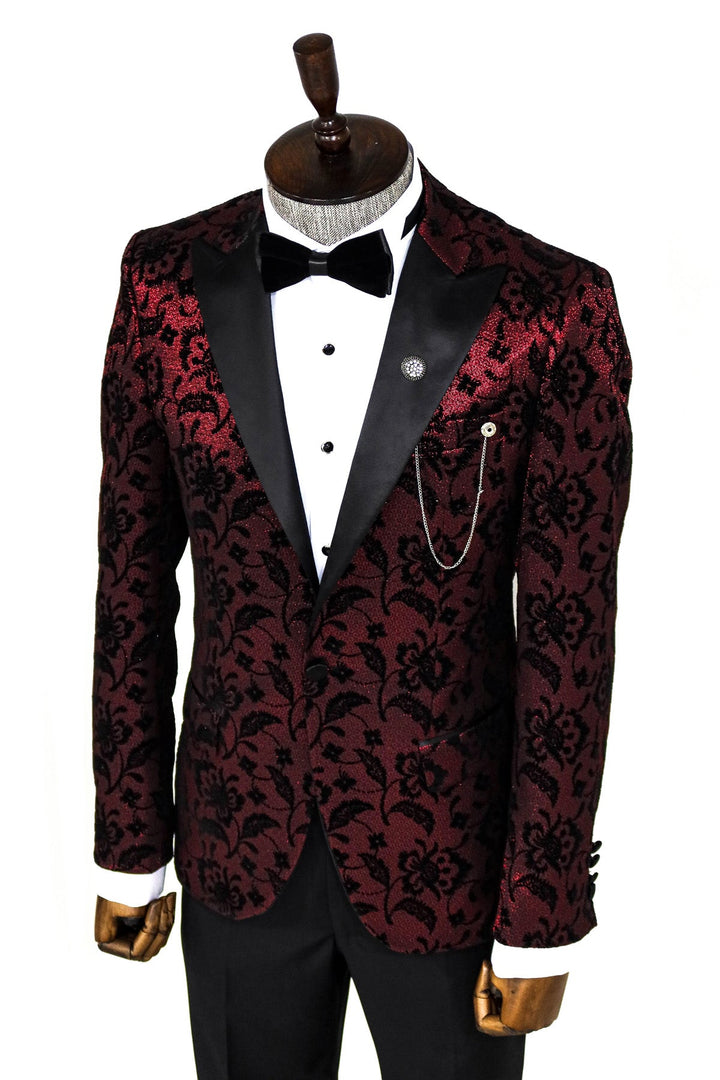 Çiçek Desenli Düz Yaka Bordo Erkek Prom Blazer - Wessi