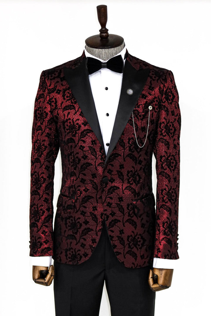 Çiçek Desenli Düz Yaka Bordo Erkek Prom Blazer - Wessi