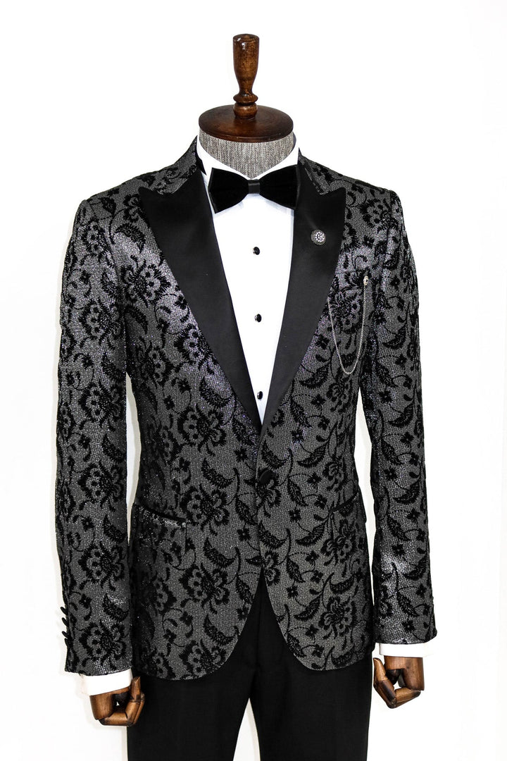 Floral Patterned Peak Lapel Smoked Men Prom Blazer - Wessi