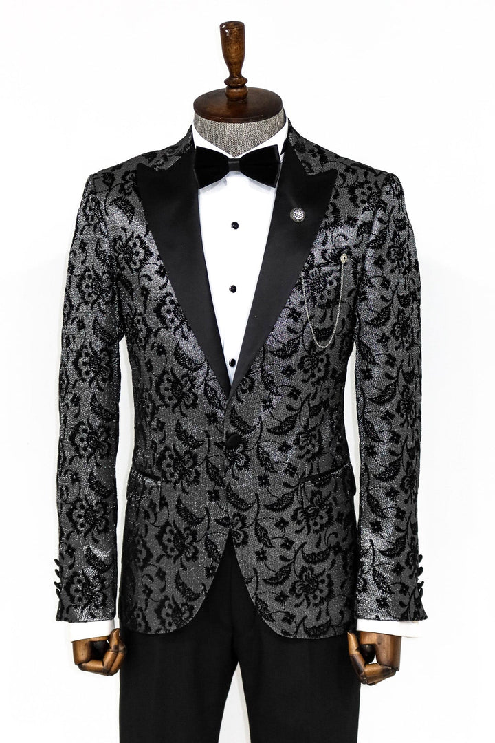 Floral Patterned Peak Lapel Smoked Men Prom Blazer - Wessi