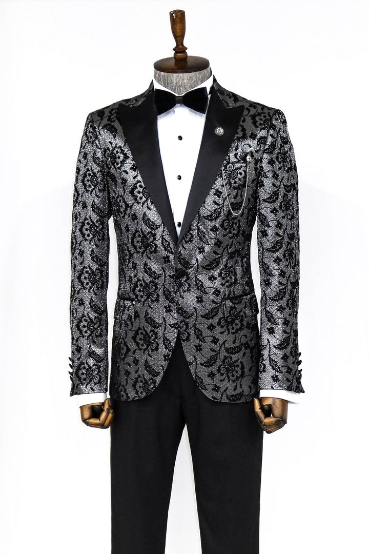 Floral Patterned Peak Lapel Smoked Men Prom Blazer - Wessi