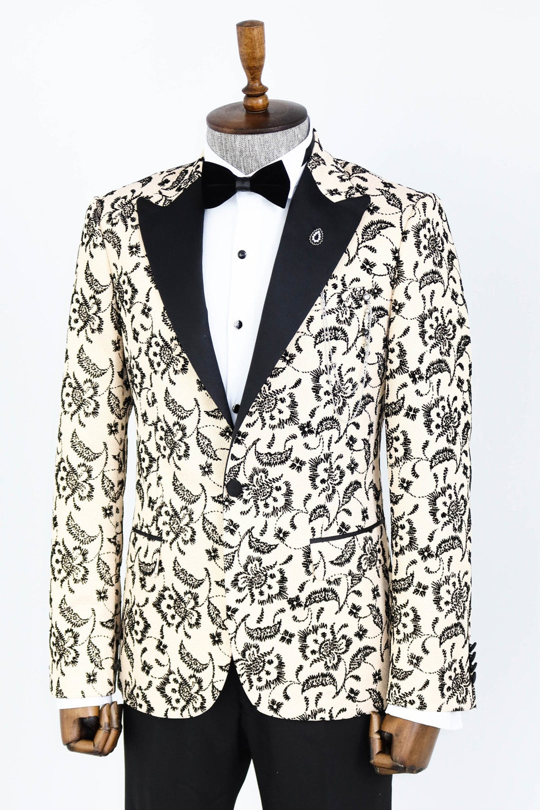 Floral Patterned Peak Lapel Cream Men Prom Blazer - Wessi