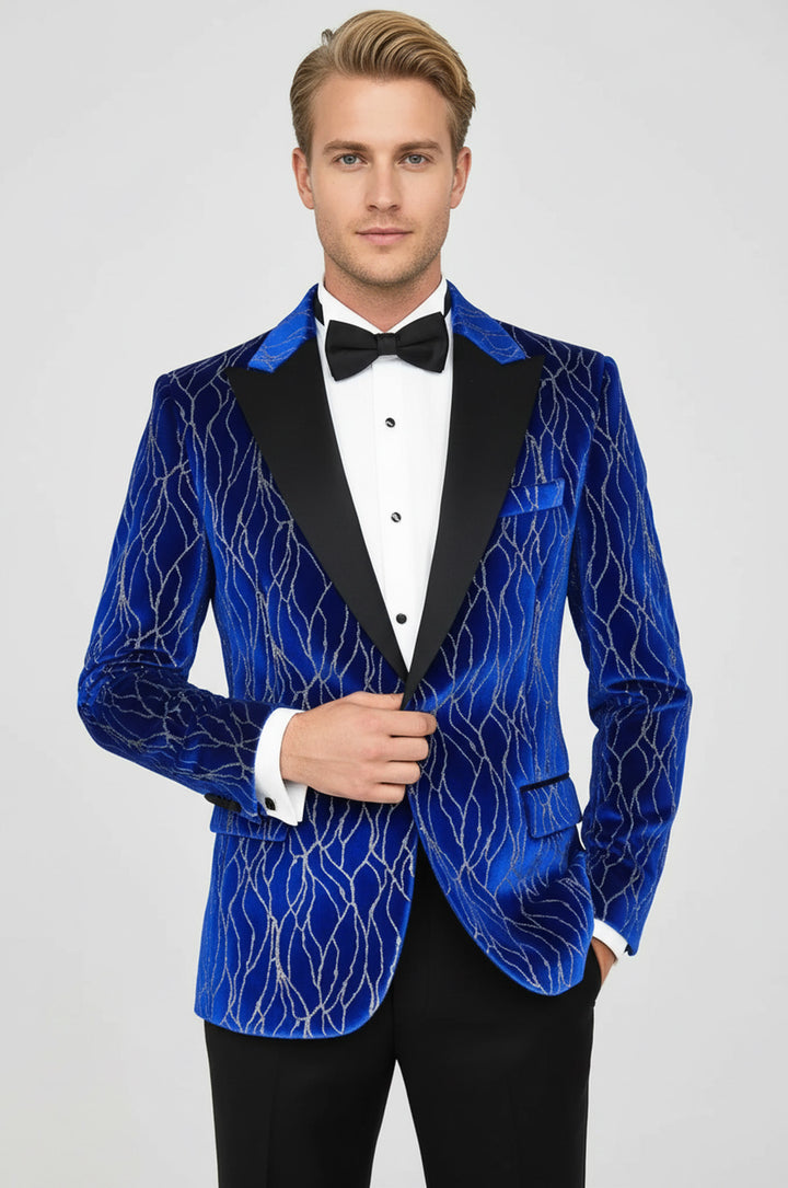 Silver Patterned Blue Men Prom Blazer - Wessi