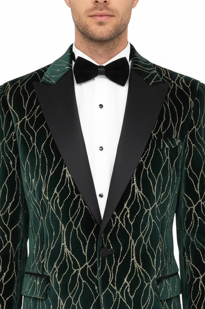 Patterned Dark Green Men Prom Blazer - Wessi