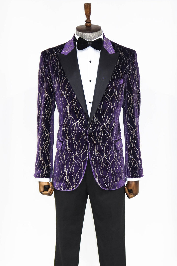 Gold Patterned Purple Men Prom Blazer - Wessi