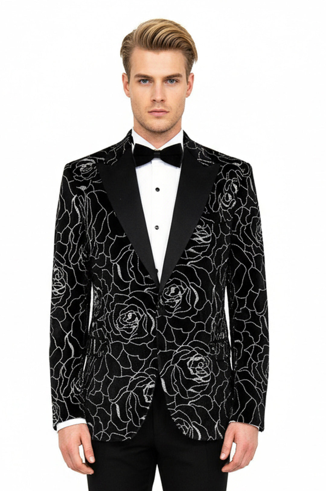 Silver Rose Patterned Over Black Men Prom Blazer - Wessi