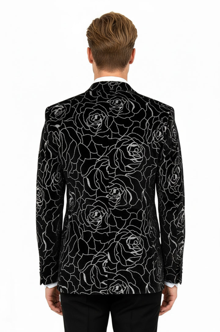 Silver Rose Patterned Over Black Men Prom Blazer - Wessi