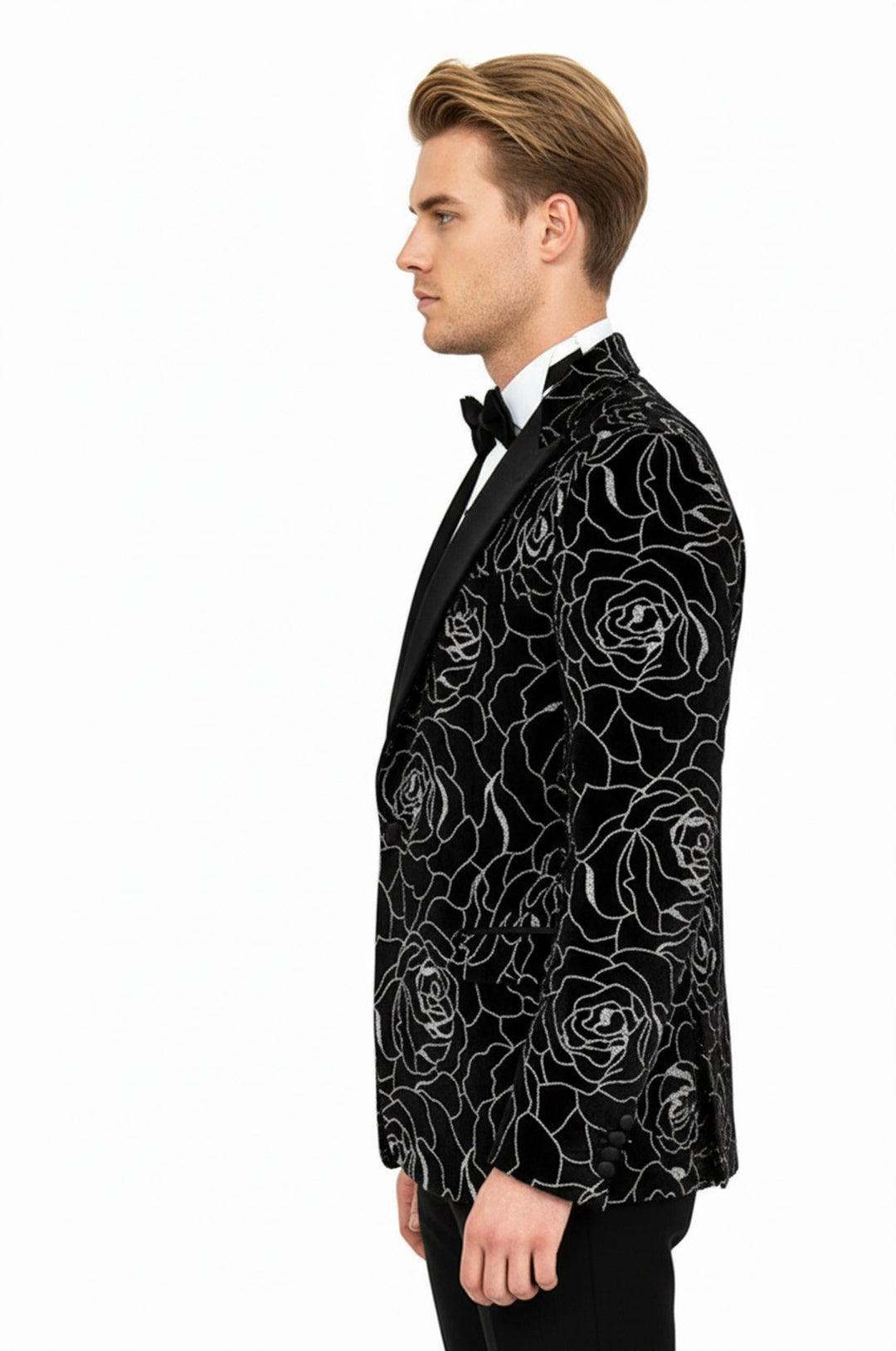 Silver Rose Patterned Over Black Men Prom Blazer - Wessi