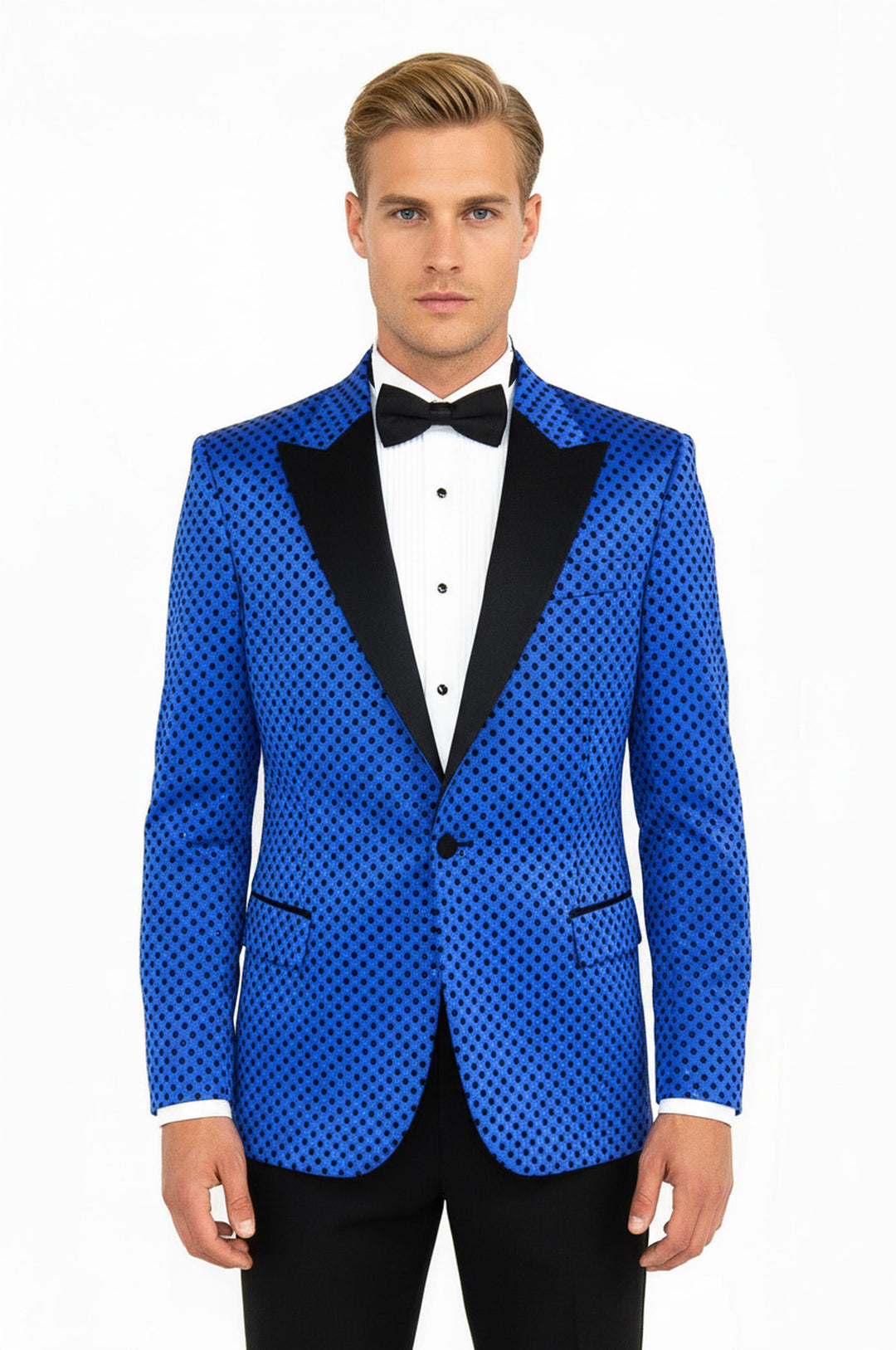 Sequin Dot Patterned Sax Blue Men Prom Blazer - Wessi