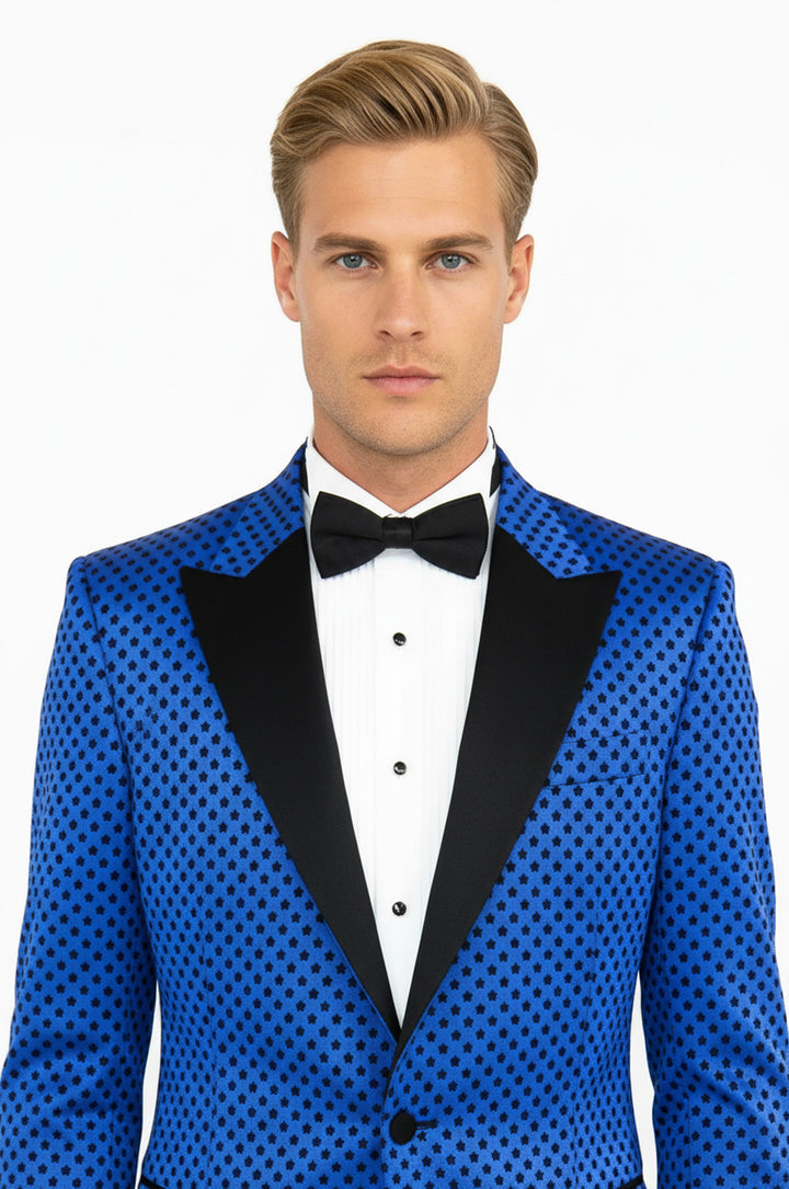 Sequin Dot Patterned Sax Blue Men Prom Blazer - Wessi