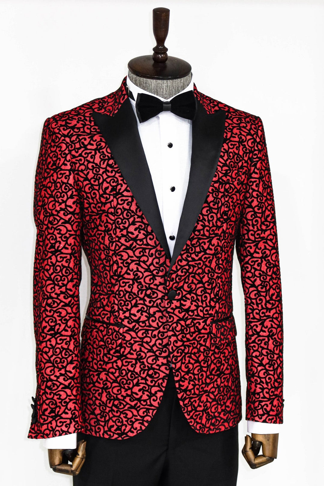 Scroll Patterned Burgundy Men Prom Blazer - Wessi