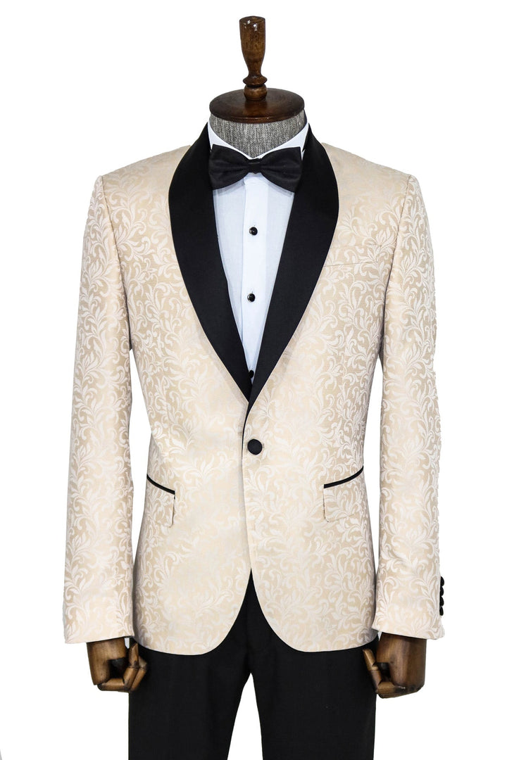 Shawl Lapel Floral Patterned Cream Men Prom Blazer - Wessi