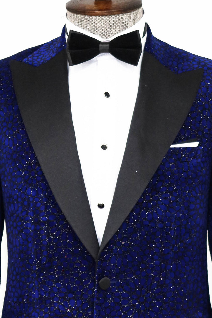 Blazer de fiesta para hombre en azul saxofón con estampado floral y purpurina - Wessi