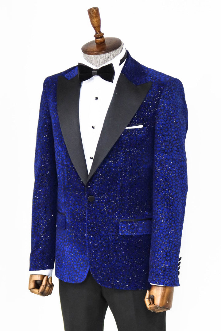 Blazer de fiesta para hombre en azul saxofón con estampado floral y purpurina - Wessi