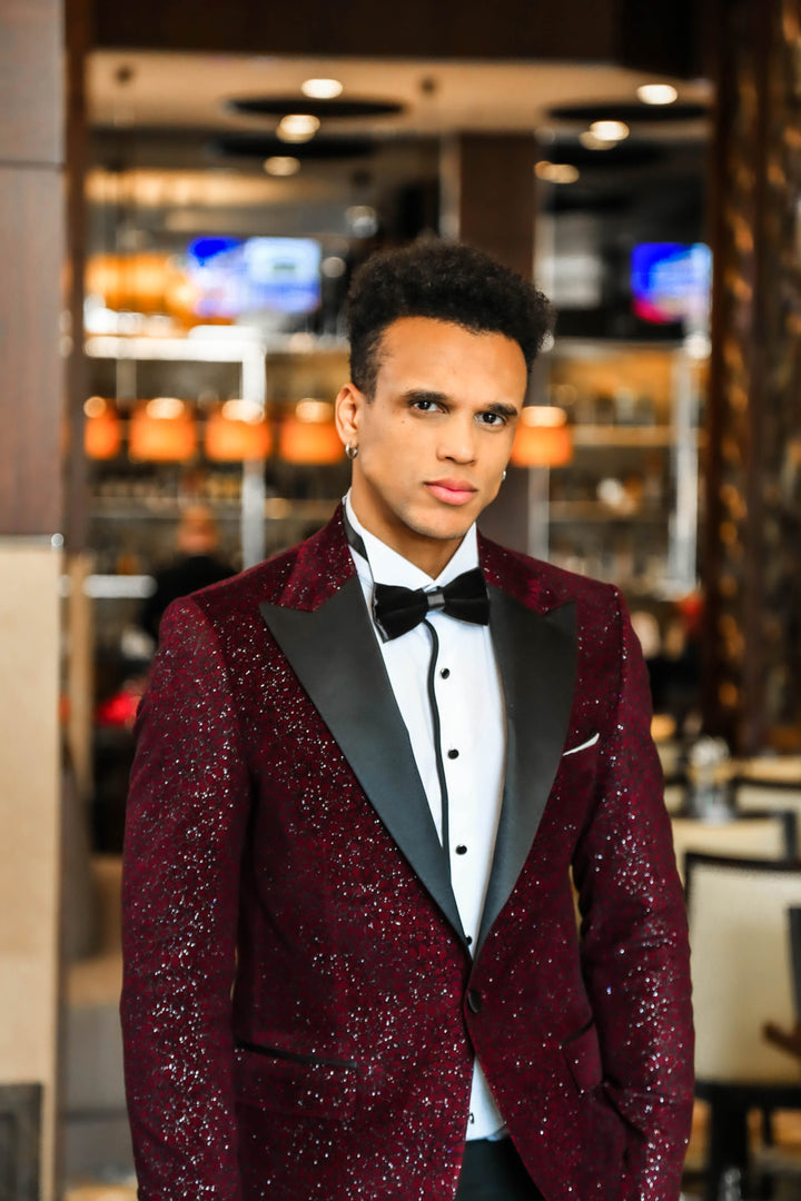 Glitter Floral Patterned Burgundy Men Prom Blazer - Wessi