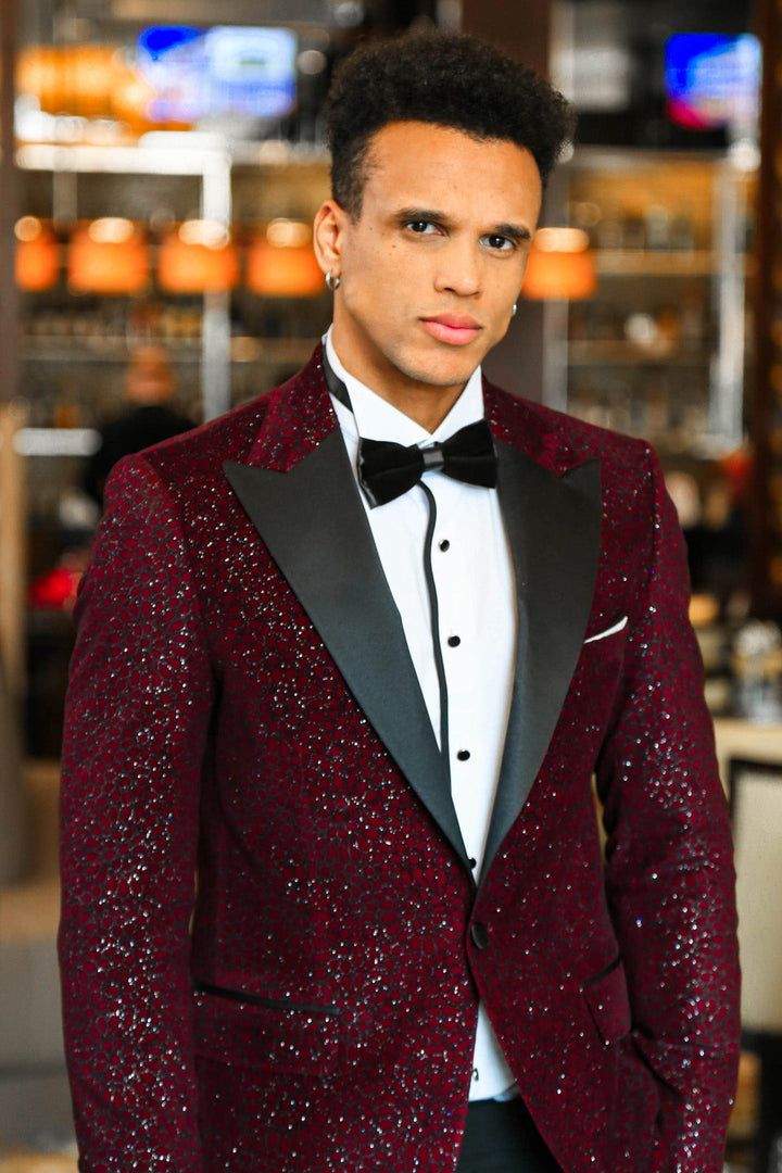 Glitter Floral Patterned Burgundy Men Prom Blazer - Wessi