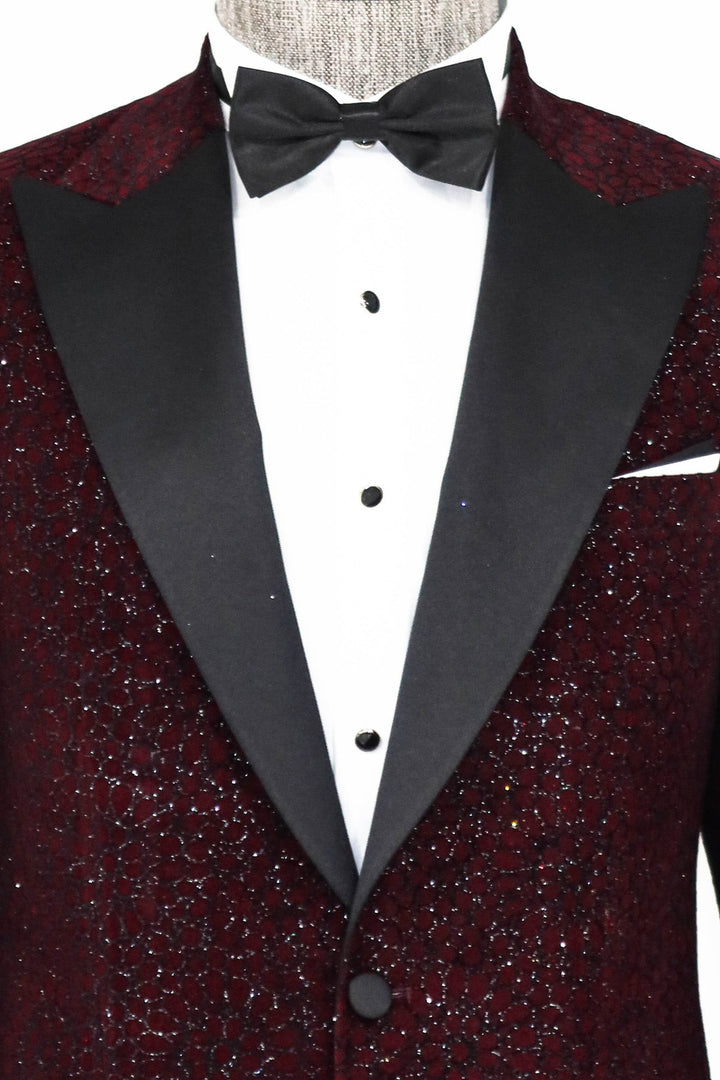 Glitter Floral Patterned Burgundy Men Prom Blazer - Wessi