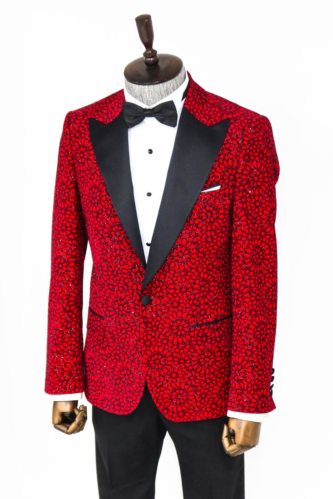 Glitter Floral Patterned Burgundy Men Prom Blazer - Wessi