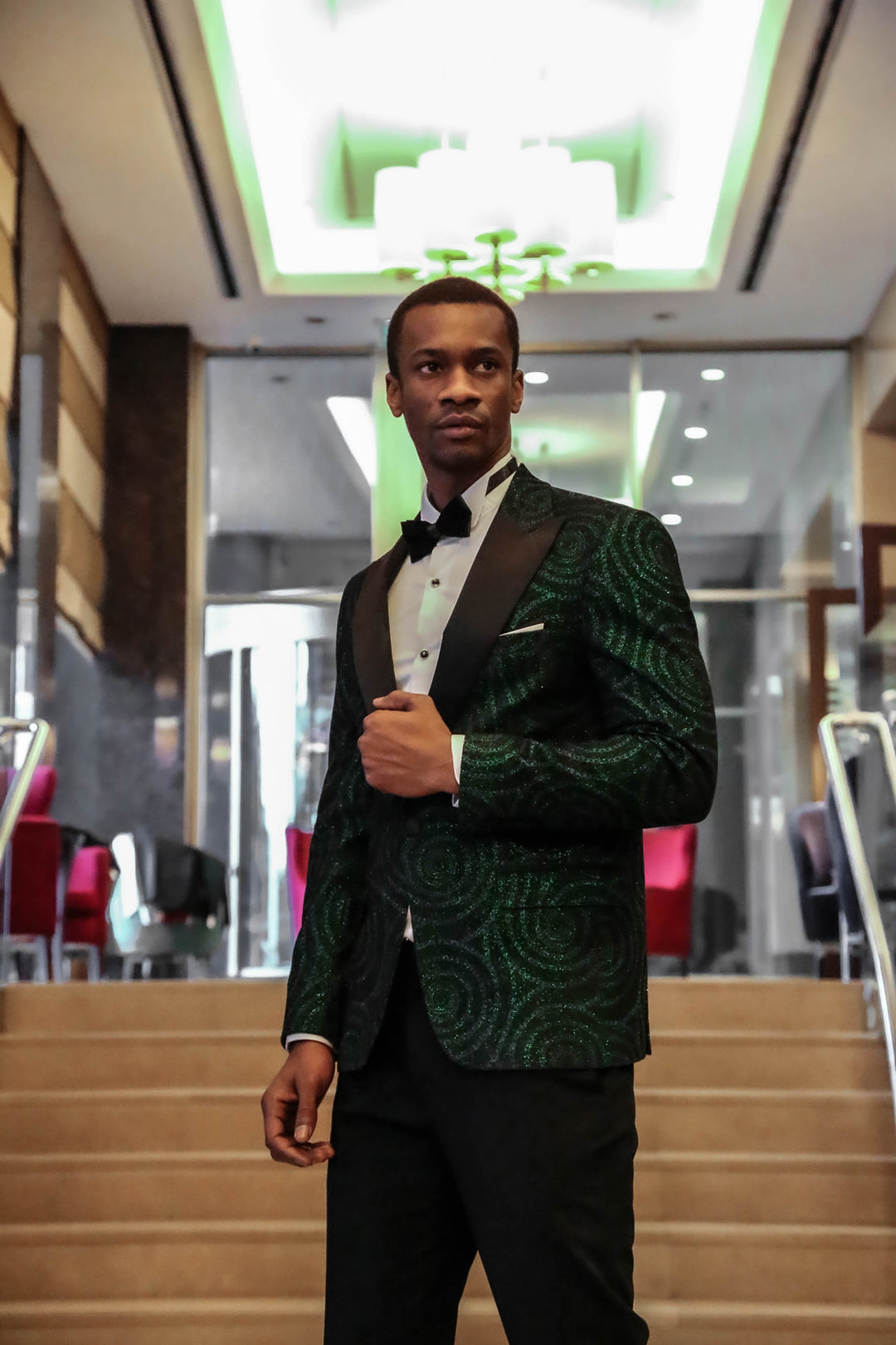 Hypnose Pattern Peak Lapel Slim Fit Green Men Prom Blazer - Wessi