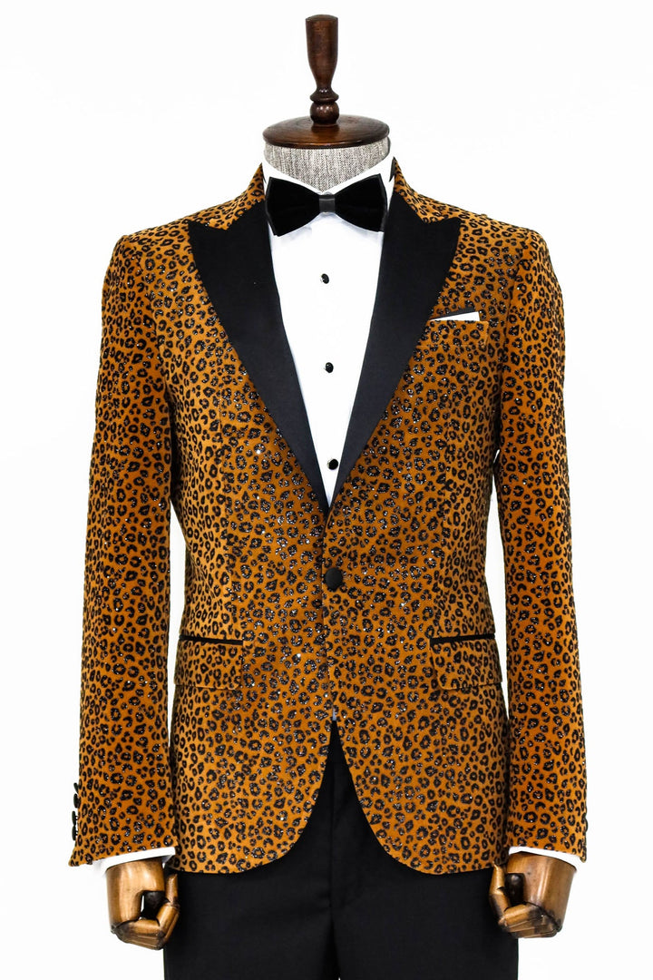 Blazer de fiesta para hombre con solapa de pico, corte entallado y estampado de leopardo, color amarillo